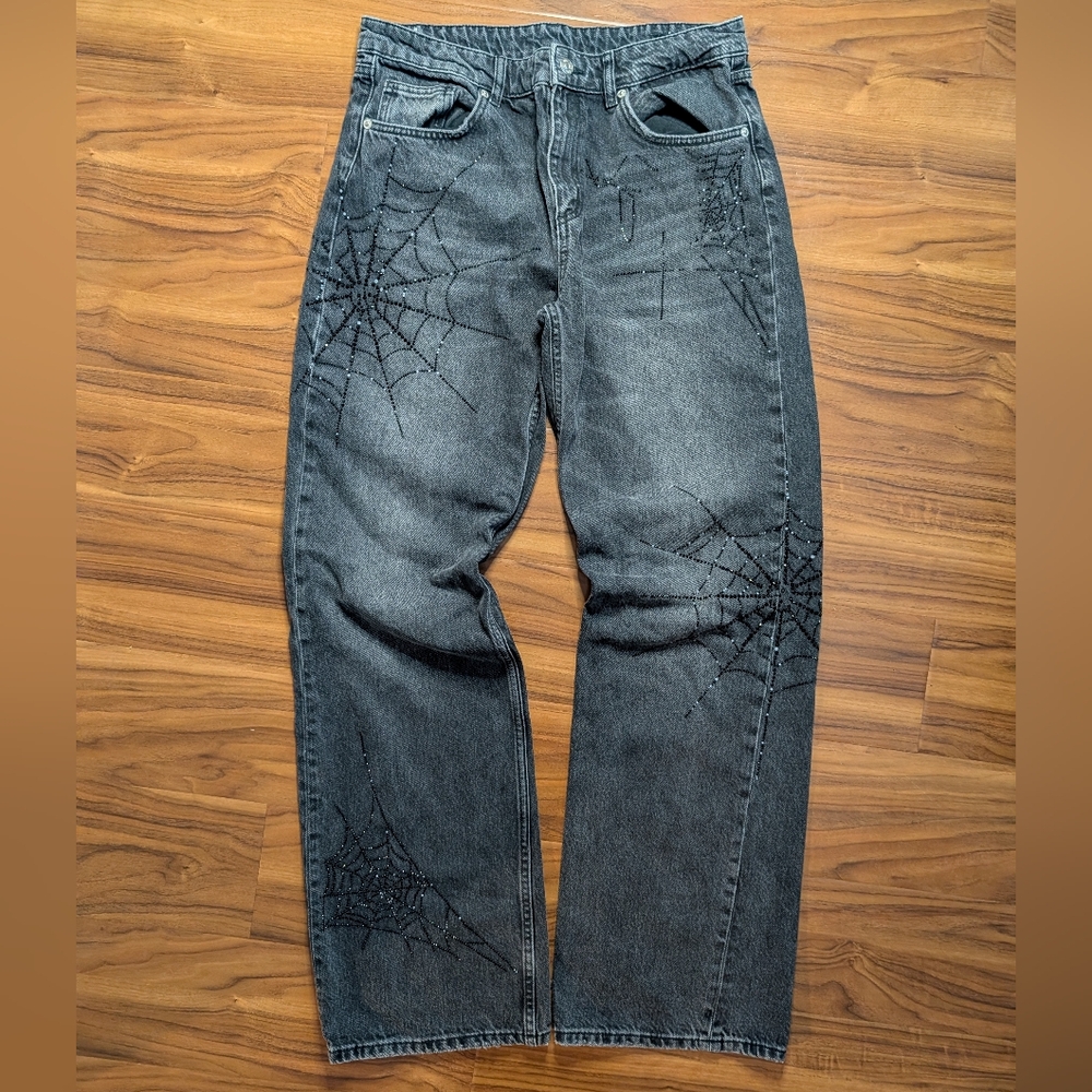 Zara Spiderweb TRF Rhinestone Charcoal Denim Jeans Size 10 Women